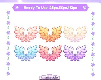 May include: A graphic featuring six colorful angel wing sub badges in pastel shades of pink, orange, blue, and purple. The text "Angel Wings Sub Badges" and "Ready To Use" are displayed at the top. The creator's name and website are at the bottom.