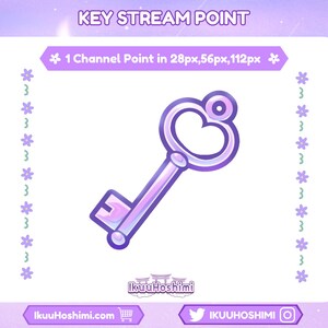 Puede incluir: Ilustración digital de una llave con la parte superior en forma de corazón y una paleta rectangular. La llave es un degradado de morado y blanco, con un contorno blanco. El texto "KEY STREAM POINT" está en la parte superior, con "1 Channel Point" debajo. La imagen incluye el nombre del artista y sus redes sociales.