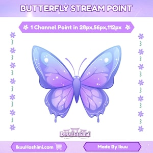 Op de afbeelding: Een paarse en blauwe vlinder met glinsterende glittervleugels. De vlinder is een digitale illustratie met een witte achtergrond. De tekst "1 Channel Point in 28px, 56px, 112px" staat boven de vlinder. De tekst "Ikuu Hoshimi" staat onder de vlinder. De tekst "IkuuHoshimi.com" staat in de linkerbenedenhoek. De tekst "Made By Ikuu" staat in de rechterbenedenhoek.
