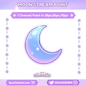 Könnte beinhalten: Eine digitale Grafik mit einem Mond in Blau- und Lilatönen, mit Sternen. Der Text "MOON STREAM POINT" steht oben. Zusätzlicher Text enthält "1 Channel Point in 28px, 56px, 112px" sowie den Namen des Erstellers und seine Social-Media-Konten.