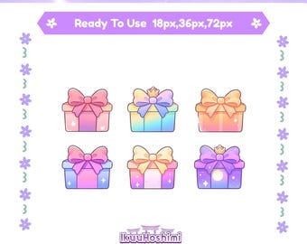 May include: A collection of six colorful gift box badges with bows and crowns. The text "Gift Badges" and "Ready To Use 18px, 36px, 72px" are displayed. The image also includes the website IkuuHoshimi.com.