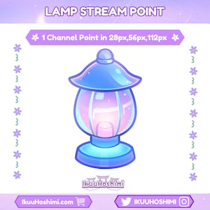 Könnte beinhalten: Digitale Illustration einer blau-violetten Laterne mit einer Lichtquelle im Inneren. Das Bild enthält den Text "LAMP STREAM POINT" und "1 Channel Point in 28px, 56px, 112px". Der Name des Künstlers und die Social-Media-Handles sind ebenfalls enthalten.