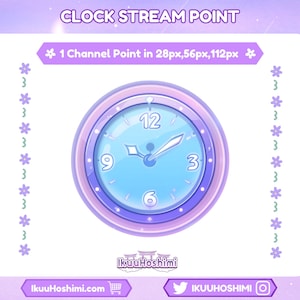 May include: A digital clock design with a light blue face, featuring the numbers 12, 3, 6, and 9. The clock is surrounded by a purple and lavender frame, with the text "CLOCK STREAM POINT" at the top. The image also includes the text "1 Channel Point in 28px, 56px, 112px".