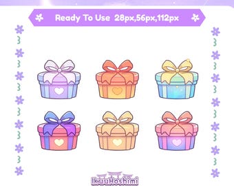 May include: A graphic featuring six colorful gift box illustrations with bows, each with a heart detail. The text "Gift Sub Badges" and "Ready To Use 28px, 56px, 112px" are displayed. The image includes the website and social media handles of IkuuHoshimi.