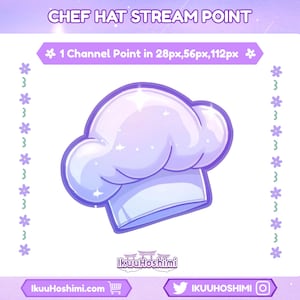 Könnte beinhalten: Digitale Illustration eines Kochhutes in Lila- und Weißtönen mit Glitzereffekt. Der Text "CHEF HAT STREAM POINT" steht oben, darunter "1 Channel Point in 28px, 56px, 112px". Der Name des Künstlers und Social-Media-Handles sind unten.
