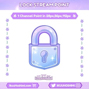 May include: A digital graphic featuring a light blue padlock with a keyhole, surrounded by a purple border and floral accents. The text "LOCK STREAM POINT" and "1 Channel Point in 28px, 56px, 112px" are displayed at the top. The image includes the website and social media handles.