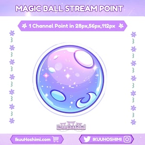 Peut inclure: Graphique numérique représentant une boule magique violette et bleue avec des étoiles et des formes de croissant. Le texte "MAGIC BALL STREAM POINT" et "1 Channel Point in 28px,56px,112px" sont affichés. Le graphisme comprend le nom de l'artiste et ses réseaux sociaux.