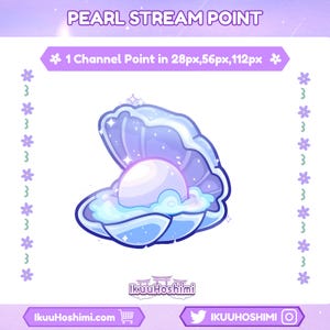 May include: A digital graphic of an open clam shell with a luminous pearl. The shell is light blue with purple highlights and sparkles. Text at the top says "PEARL STREAM POINT". Additional text indicates "1 Channel Point".
