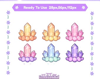 May include: A graphic featuring six crystal sub badges in various colors: yellow, orange, pink, blue, and purple. Each crystal has a unique design and is ready to use at 28px, 56px, and 112px. The text "Crystal Sub Badges" is at the top.
