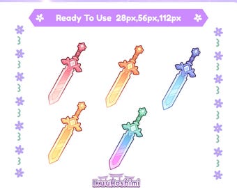 May include: A graphic featuring five colorful sword designs, each with a unique gradient. The text "Sword Sub Badges" and "Ready To Use 28px, 56px, 112px" are displayed at the top. The bottom features the website and social media handles.