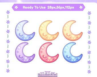 May include: A graphic featuring six crescent moon badges in various colors: blue, yellow, orange, purple, pink, and light blue. The text "Moon Sub Badges" and "Ready To Use" are displayed. The image includes the seller's website and social media handles.