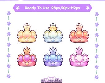 May include: Six colorful crown badges in different colors, including yellow, orange, pink, blue, and purple. The crowns are all the same design, with a pointed top and a rounded base. The badges are ready to use in sizes 28px, 56px, and 112px.