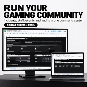 May include: A computer monitor and a laptop displaying a Community Command Kit spreadsheet for Google Sheets and Excel. The screens show dashboards with key metrics, incident status charts, and incident logs for managing gaming communities.