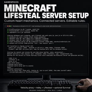 May include: A computer monitor displays a terminal window with white and green text on a black background, showing a Minecraft Lifesteal server setup process. The screen header reads Gamesphics Minecraft Lifesteal Server Setup.