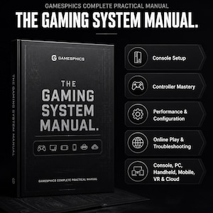 May include: A black hardcover book titled The Gaming System Manual by Gamesphics. The cover features white text and icons for consoles, PCs, and mobile devices. To the right, a list details topics including Console Setup and Controller Mastery.