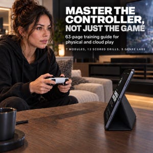 Może przedstawiać: 63-stronicowy przewodnik treningowy do gry fizycznej i w chmurze zatytułowany MASTER THE CONTROLLER, NOT JUST THE GAME, zawierający 7 modułów, 12 ocenianych ćwiczeń i 5 laboratoriów gatunkowych, wyświetlony na ekranie tabletu obok kontrolera do gier.