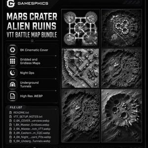 以下が含まれることがあります： Mars Crater Alien Ruins VTT Battle Map Bundleのデジタル製品表示。白黒のグラフィックには、クレーターのある風景や遺跡の6つの異なる俯瞰マップビューと、ファイル形式や機能のリストが表示されています。