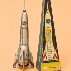 Pode incluir: Um foguete de brinquedo de metal prateado com detalhes em vermelho e azul, apresentando o texto "HOLDRAKETA" e "INTERKOSMOS" no corpo. Ao lado, encontra-se uma caixa de papelão triangular alta decorada com uma ilustração gráfica de um foguete e um astronauta.