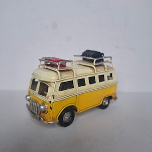 Vintage Yellow Metal Bus Model | Handmade Retro Camper Van Decor | Classic T1 Split Window Display Ornament | Hippie Surf Van Gift