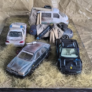 1:43 Scale Handmade Scrap Yard Diorama with Mounted Diecast Cars – Collector's Display Piece