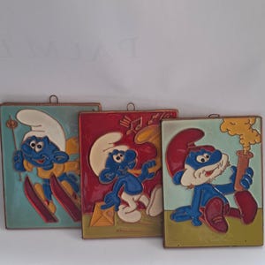 Hand-Painted Smurf Metal Relief Tiles (11x8.5 cm) – 3 Variants