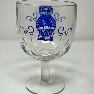 PABST BLUE Ribbon Glass, thumbprint bar glass, vintage thumbprint glass, PBR glass, Vintage barware, vintage beer goblet, gift for dad, gift
