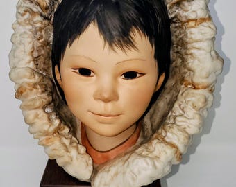 Vintage 1972 Cybis Porcelain Eskimo Boy Bust, Snow Bunting, Wooden Base