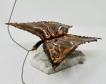 Vintage Artisan Art Copper Metal Butterflies White Stone Stand Tabletop/Mantle Decor