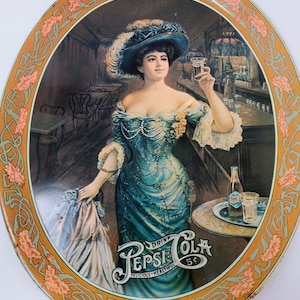1983 Vintage Tin Oval Pepsi Cola Lady Gibson Girl in Blue Tip Serving Tray