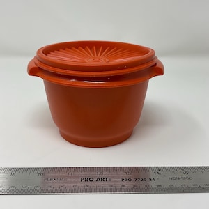 May include: Orange plastic container with a lid. The container is about 4 inches tall and 3 inches wide. The lid has a ridged design.