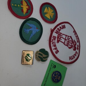 K&ouml;nnte beinhalten: Eine Sammlung von Pfadfinderinnen-Abzeichen und Anstecknadeln. Die Abzeichen zeigen verschiedene Designs, darunter einen Vogel, ein vierbl&auml;ttriges Kleeblatt und den Text "River Bluffs" und "Peace on Earth". Die Anstecknadeln umfassen eine goldene quadratische Anstecknadel und eine gr&uuml;ne Kleeblatt-Anstecknadel.