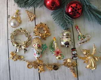 Vintage Christmas 11 piece  Holiday Brooch Bracelet Pin collection