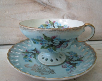 Antique Nippon Yoko Boeki China Blue Floral lace cut tea cup