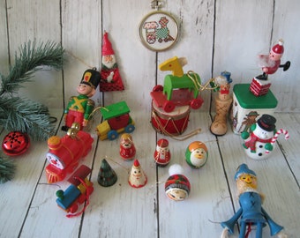 1970-1980 Vintage Christmas Ornament Collection 20 pieces TRains, Hand Painted Wood, Collectible Wood