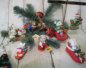 Vintage Mice ornaments Hallmark Enesco Lustre flame gilmore  Collection 8 total