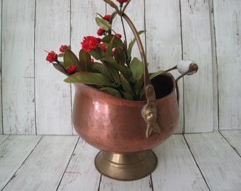 Vintage Copper Brass ceramic handled pot Lion handles coal shuttle planter pot