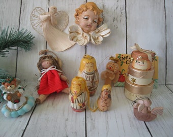 Vintage Angel ornament collection Scioto russ Russian nesting angels wood ceramic 11 pieces