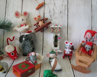 Vintage Kurt Adler Inarco Mice collection Wood ornaments mouse 10 piece  cradle mice clock 1980 1990