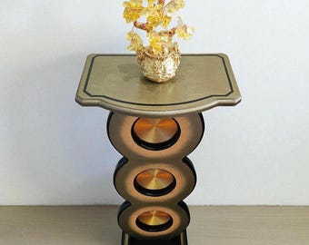 Bronze & Gold Pedestal Stand, end table, circle accent table 25" Spiral up by Alisa