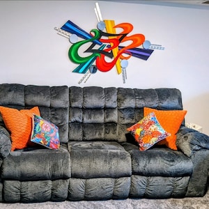 Contemporary Modern Abstract wall sculpture, Vibrant Outburst wall hanging 54x39 brushed metal detail wall art by Alisa