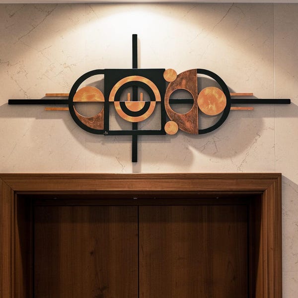 Mid Century Wood Metal Wall Art, Geometric Abstract 40x16 to 67x27 and up by Art69