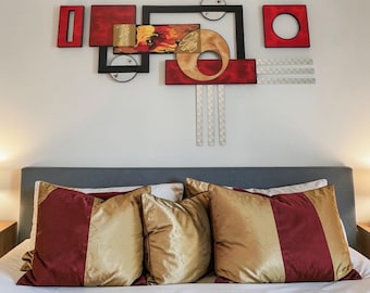 Contemporary Abstract Wood with Metal Wall Sculpture, Red Geometric wall art by Alisa (68x40)