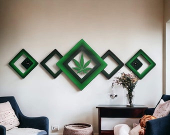 cannabis leaf wall art, weed art, marijuana wall art, Cannabis wall decor, green leaf wall art, plant wall art 48x17