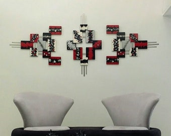 Red & Black Contemporary Modern Abstract wall Sculpture, Wood and Metal Geometric Squares Sculpture 81x37 by Alisa