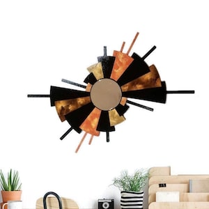 Mid Century look Wall Sculpture, Wood Metal wall art, Contemporary Mirror Wall hanging, 27x18, 34x20 to 40x20 by Art69