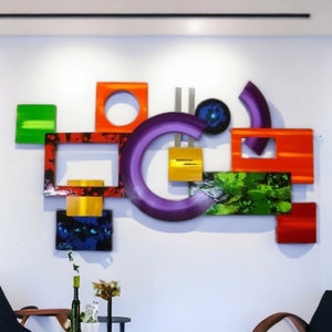Colorful Abstract Wall Sculpture, Unique Geometric Essence Wood and Metal Wall Decor 37x21 by Art69 image 5