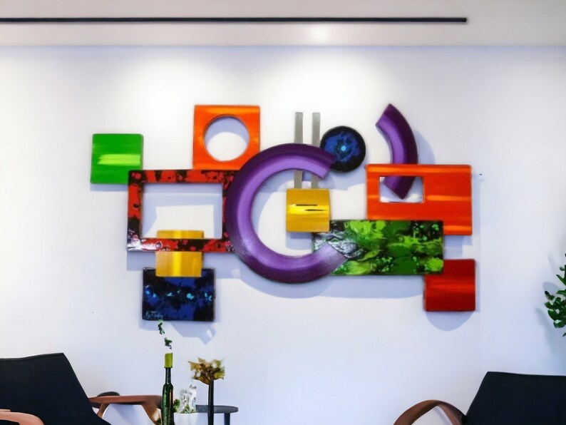 Colorful Abstract Wall Sculpture, Unique Geometric Essence Wood and Metal Wall Decor 37x21 by Art69 image 5