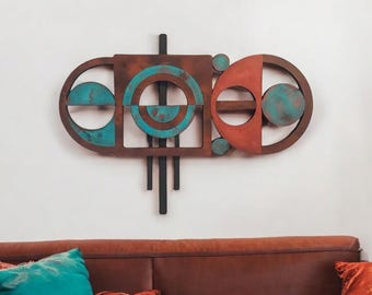 Patina look Wood Wall Sculpture - Turquoise copper and brown wall art wood and metal art 24x18 to 36x19 by Art69