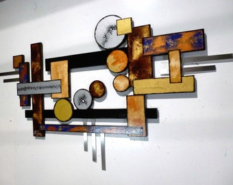 Warm Desert Moon Wood and Metal Wall sculpture, Contemporary Mid-Century Geometric abstract Art 50" to 67" by DAS