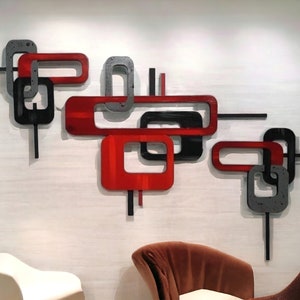 Retro Wood and Metal Wall Sculpture, 3-piece Deep Amaya Red, Abstract Wall art, by Art69 - 46 x 26